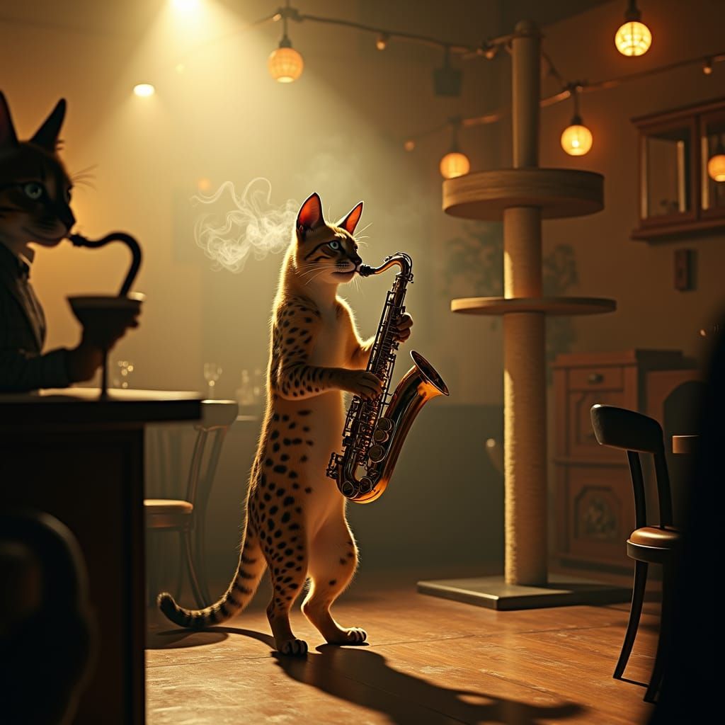 Serval Cat Jazz Musician in Vintage Lounge