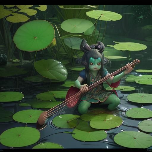 Yokai Kappa Drummer on Lily Pads: Fantasy Art