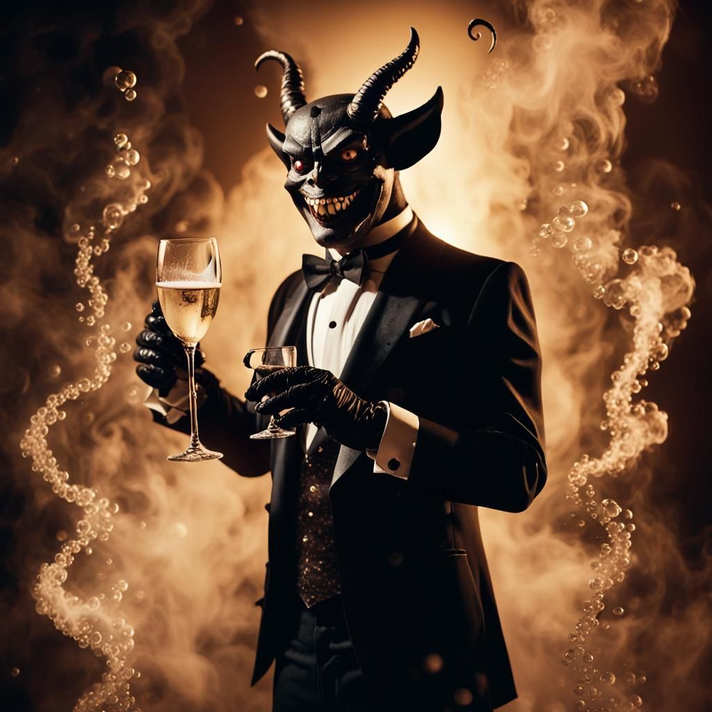 Devil in Tuxedo with Champagne: Cinematic Realism