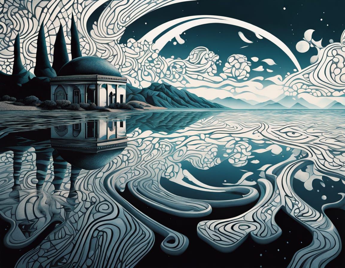 Dreamlike Beachscape with Extraterrestrial Creatures in Hype...