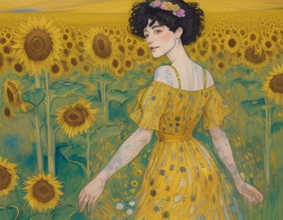 Woman in Vibrant Sunflower Field with Whimsical Post-Impress...