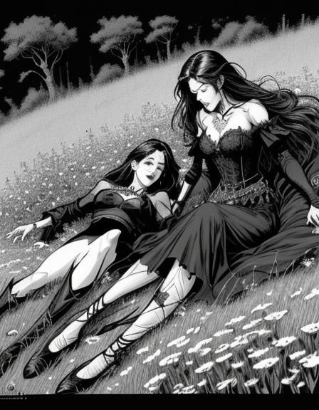 Wiccan Witches Lounging in Meadow, Black and White Comic