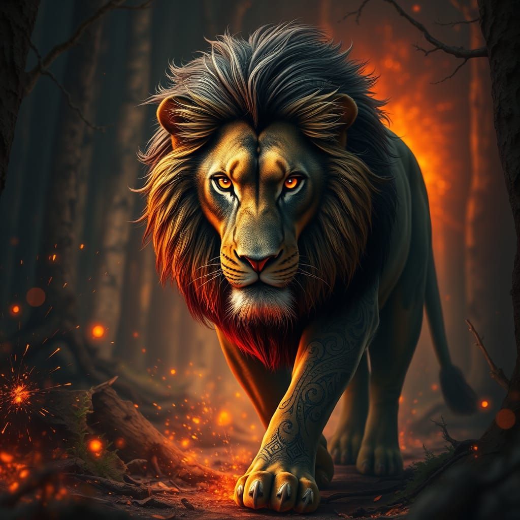 A photo of a majestic lion with intricate tribal tattoos on ...