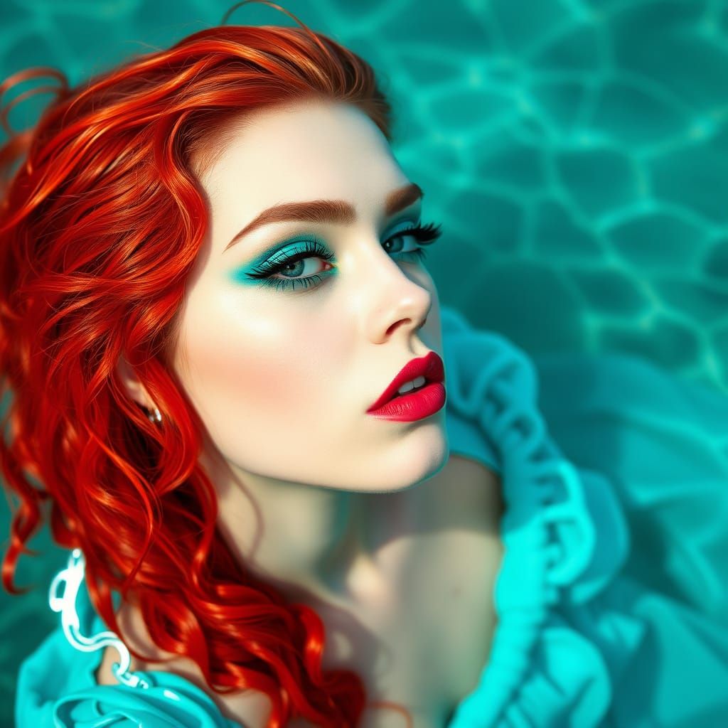 Red-Haired Woman in Turquoise Sea, Inspired by Pop Art