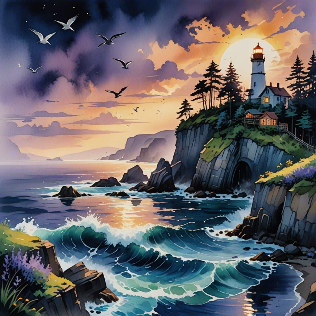 Coastal Haven at Twilight in Gouache Style