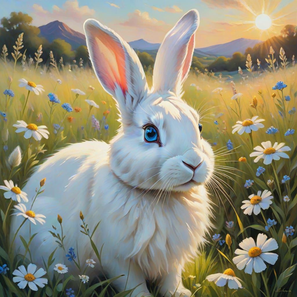 Radiant White Rabbit in Sun-Dappled Meadow Oil Painting