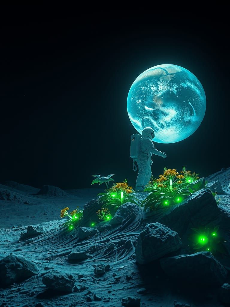 Astronaut Tends Moon Garden With Earth View