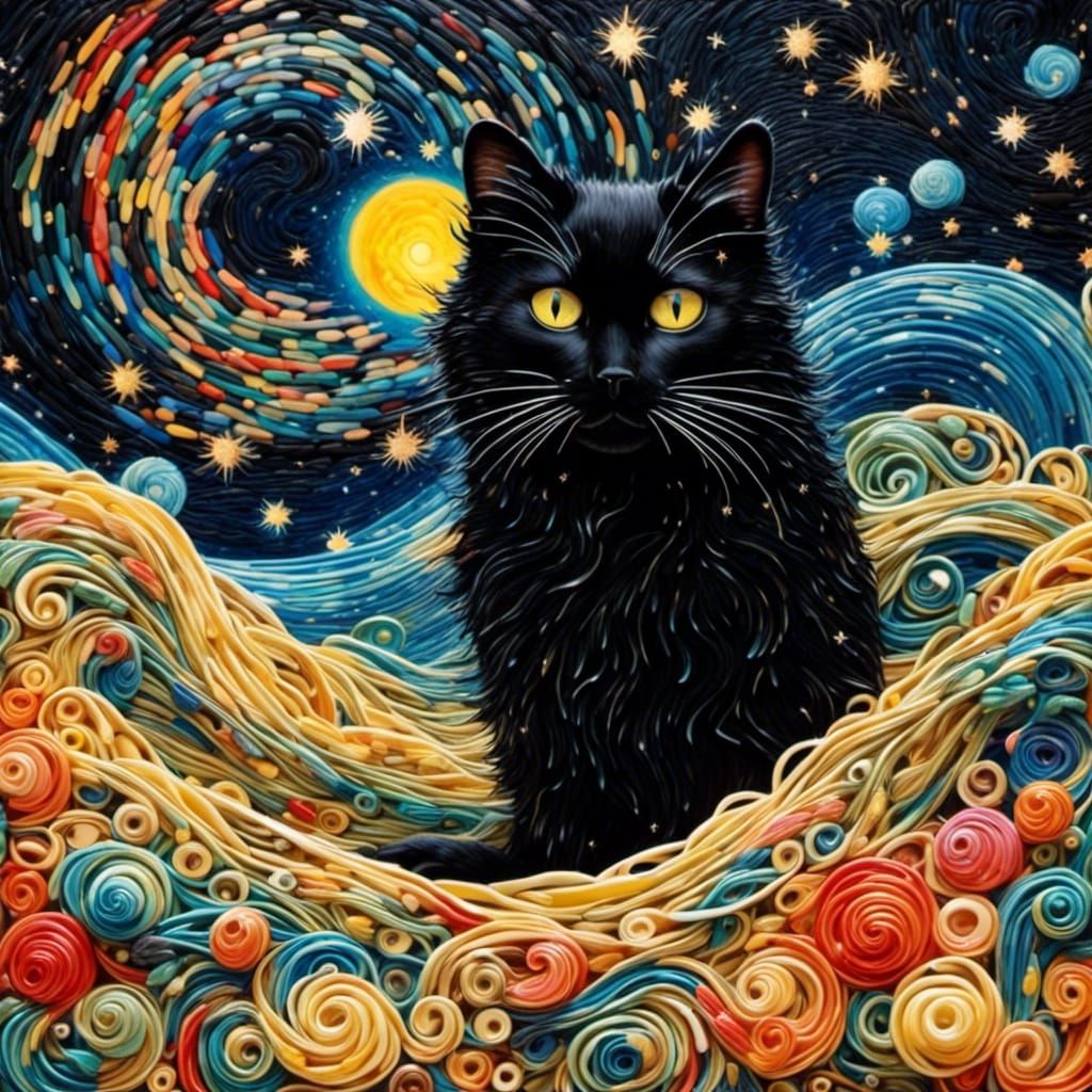 Abstract Starry Night: Black Cat Nature Painting