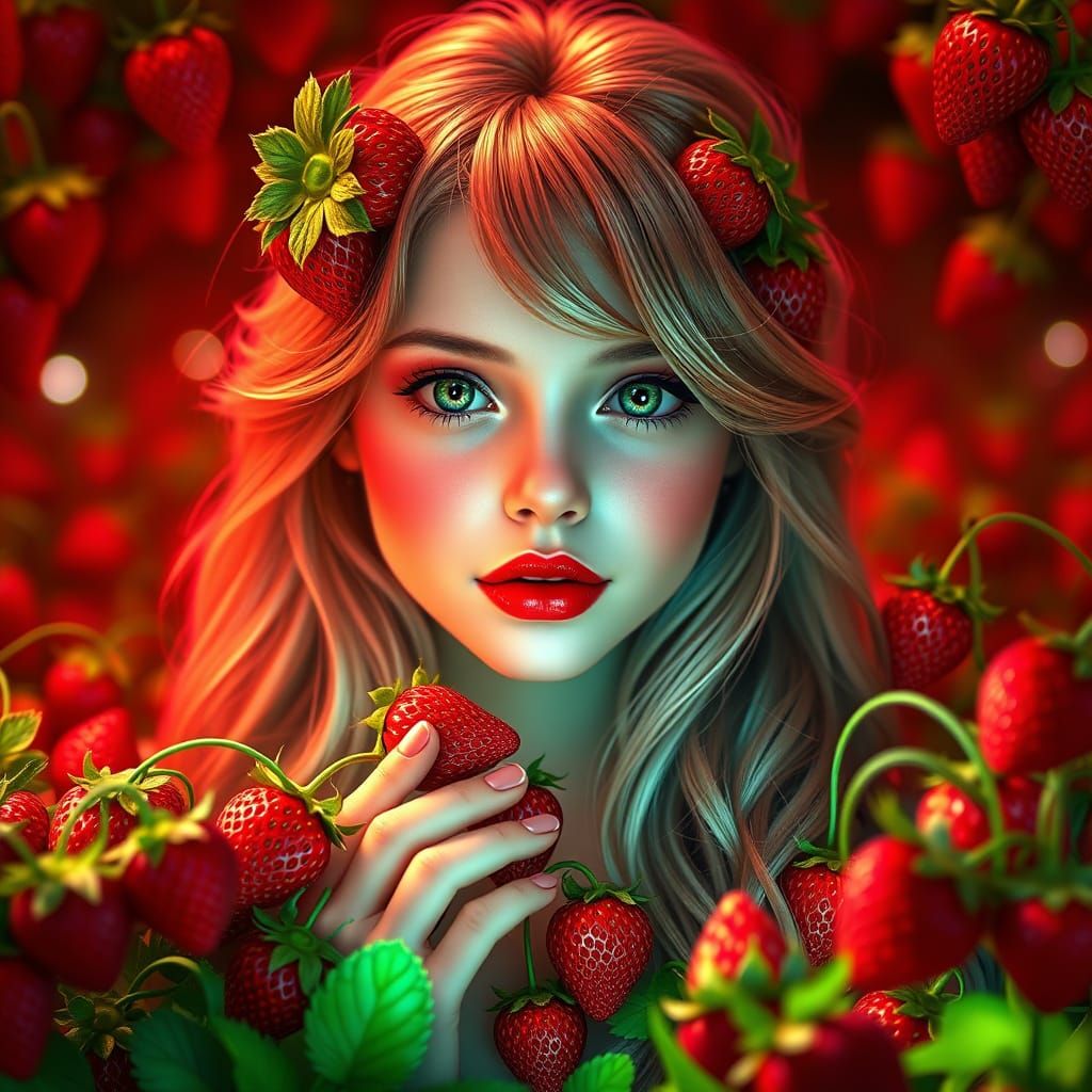 Surreal Strawberry Goddess in a Whimsical Garden