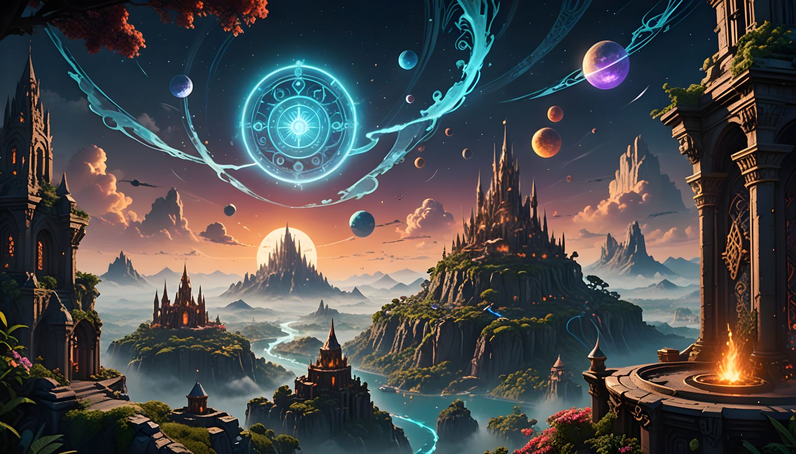 Sorceress Contemplates Futuristic Metropolis from Floating I...