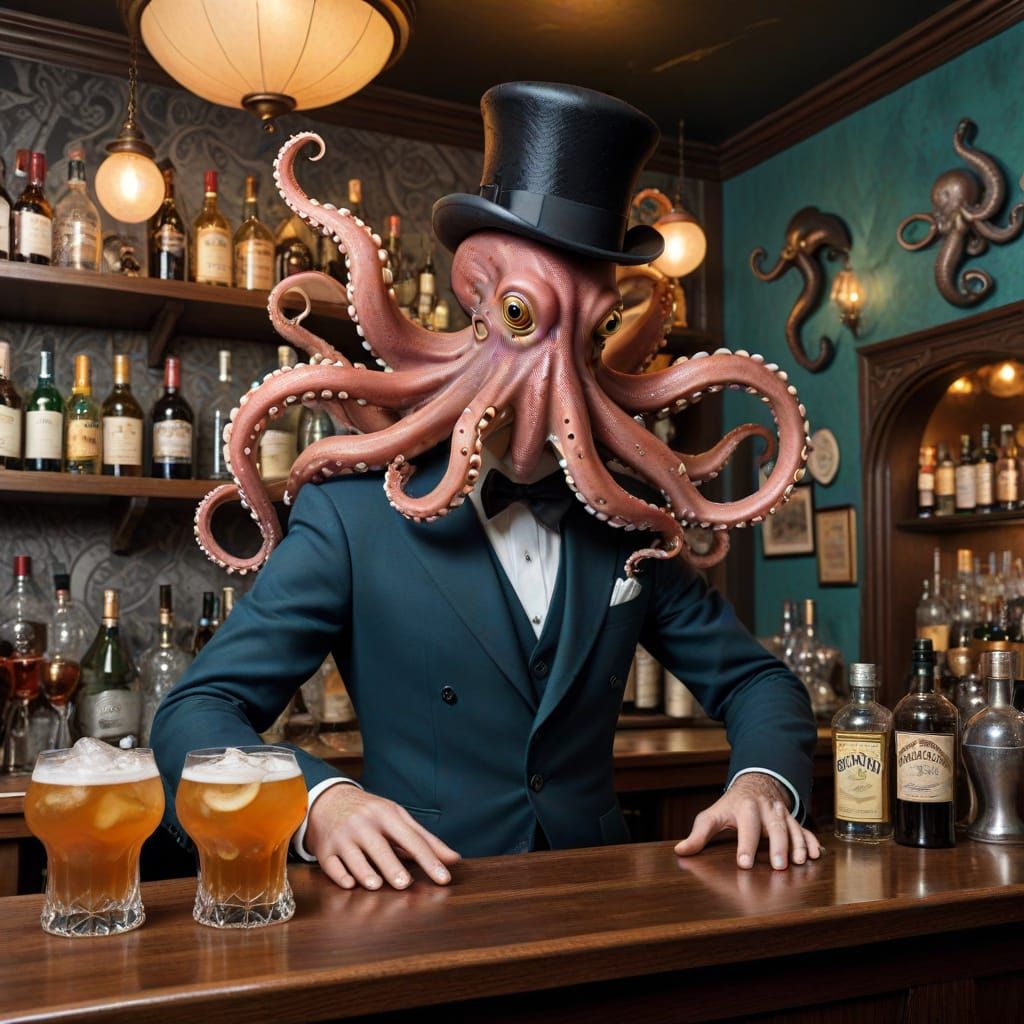 Octopus Bartender in 1920s Speakeasy, Surreal Style