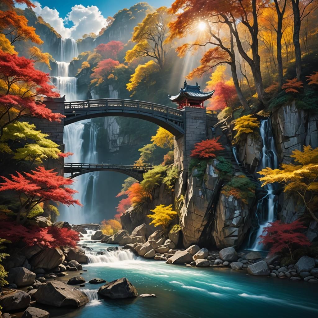 Fantasy Chinese Bridge with Waterfall in Divine Light