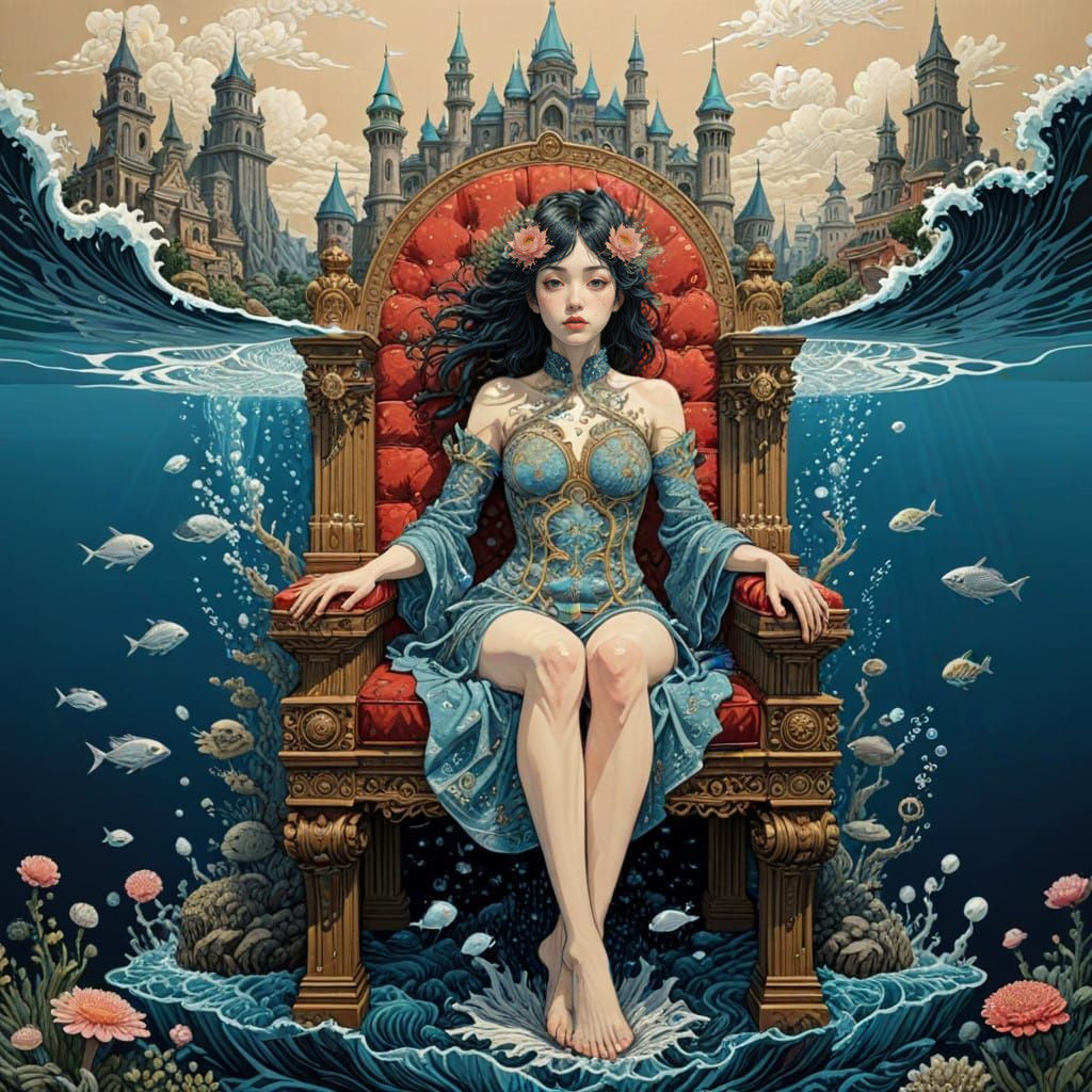 Majestic Queen Reigns in a Surreal Underwater Anime City