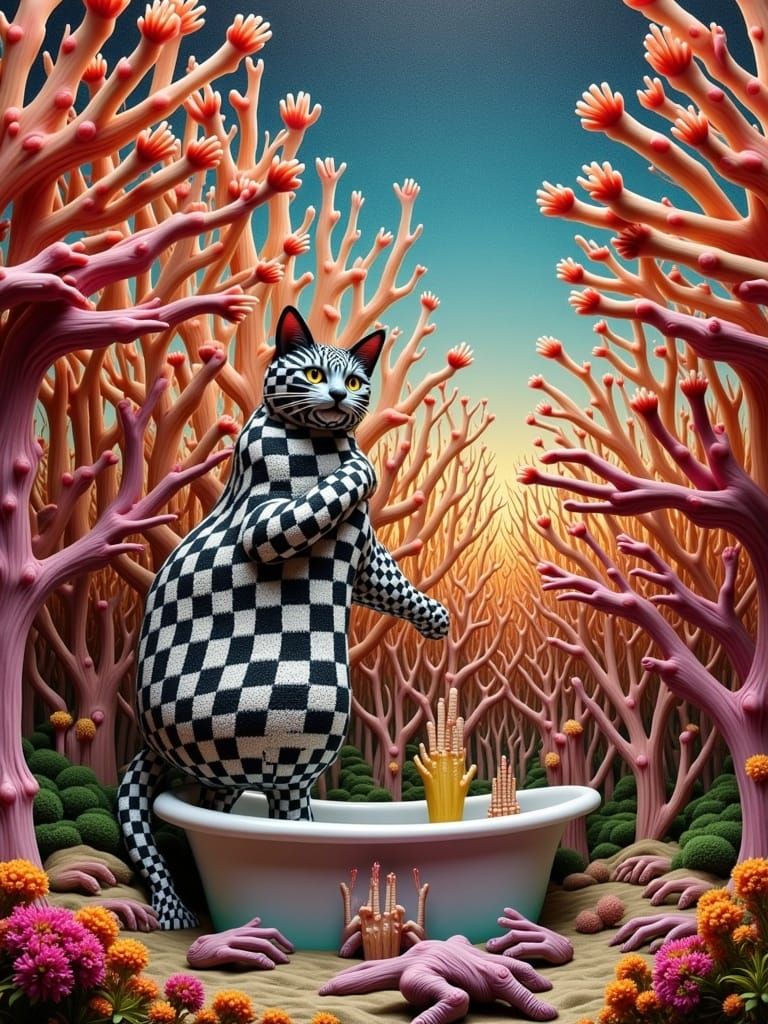 Surreal Fingerpunk Cat in Bathtub Dreamscape