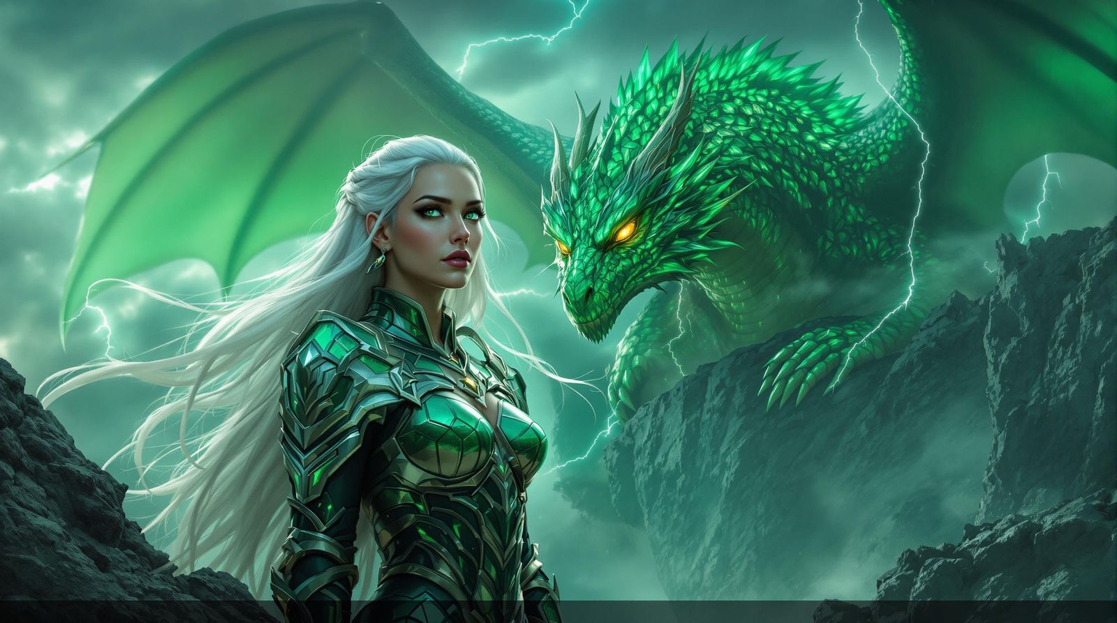 Elegant Warrior Stands Amidst Emerald Dragon in Epic Fantasy...