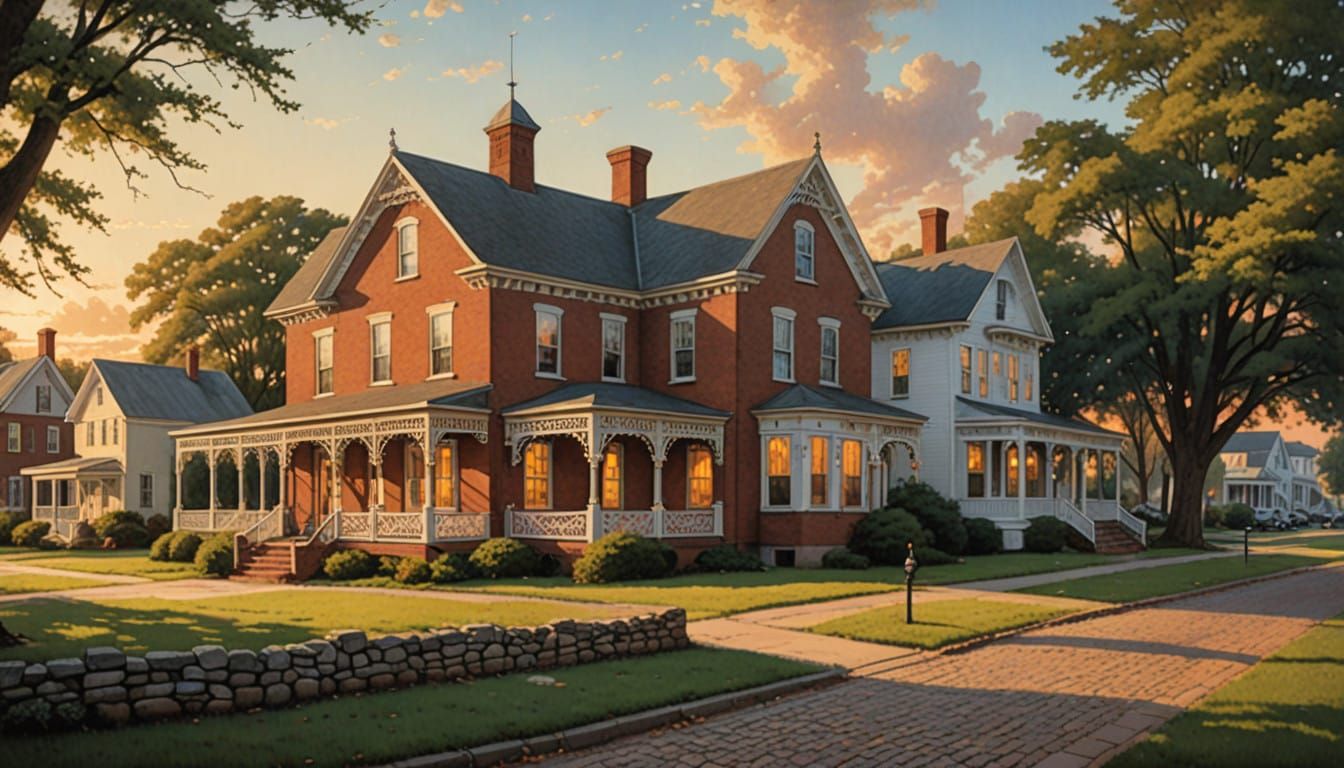 Charming Colonial Town at Sunset