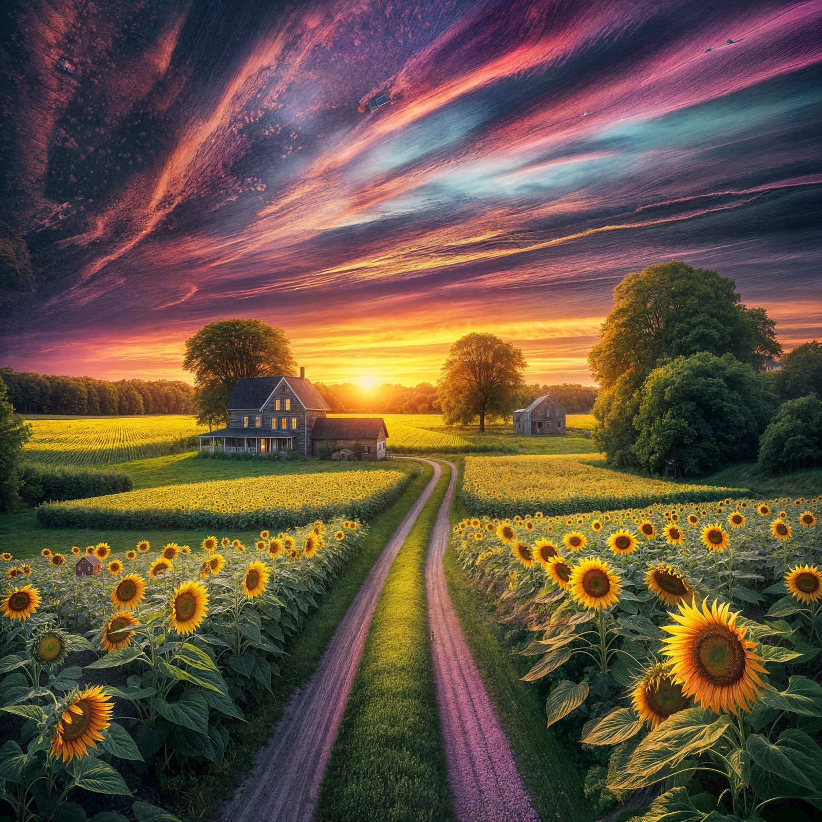 Rural Sunset Over Sunflower Field and Farmhouse