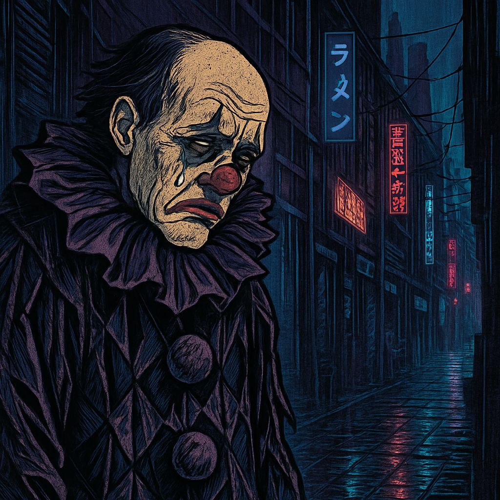 Ukiyo-e Clown in Neon Neo-Tokyo Alley