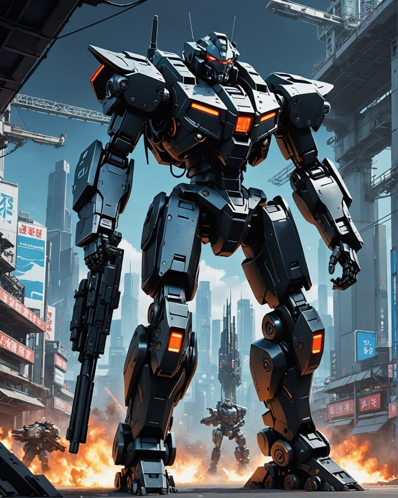 Cyberpunk Anime War Robot on Battlefield