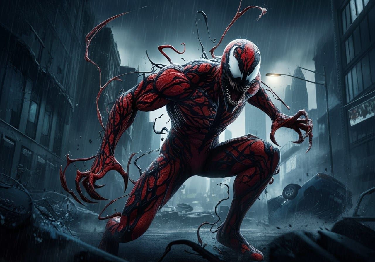 Menacing Symbiote in Devastated Cityscape