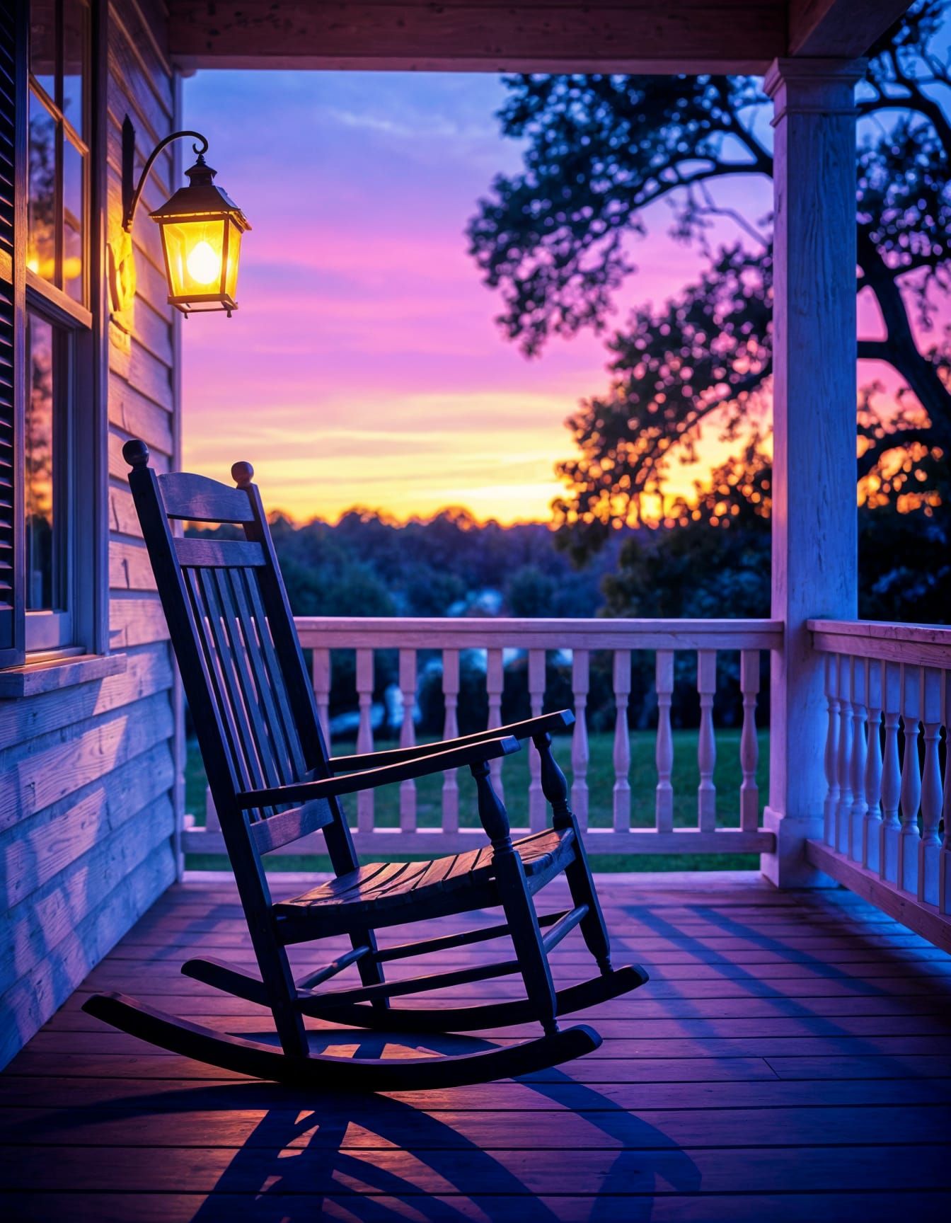 Wooden Rocking Chair on Porch at Dusk