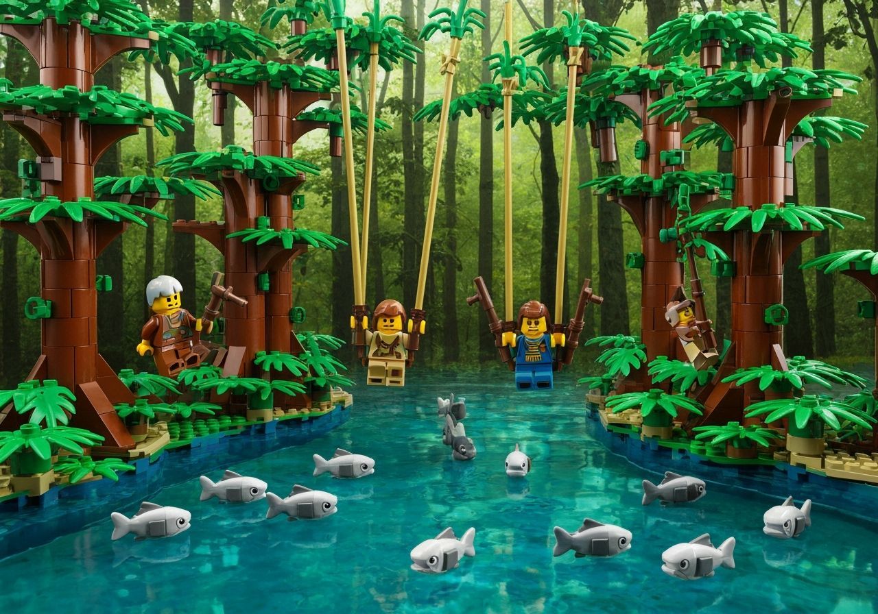 Lego jungle adventure with mini figures swinging on vines ac...