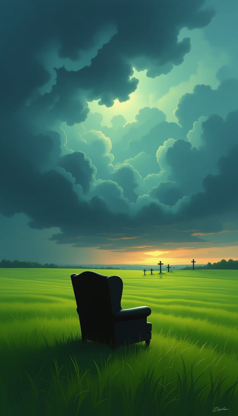 Solitary Armchair in Stormy Field with Crosses