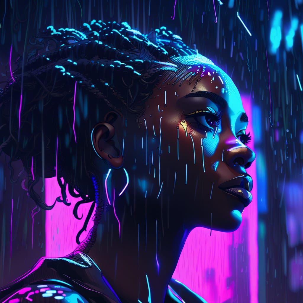 Neon Rain: Black Woman in Futuristic Game Art
