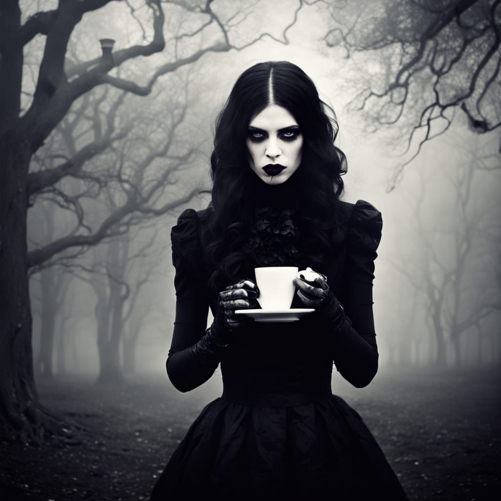 Goth Model Sips Coffee in Moody Foggy Photography