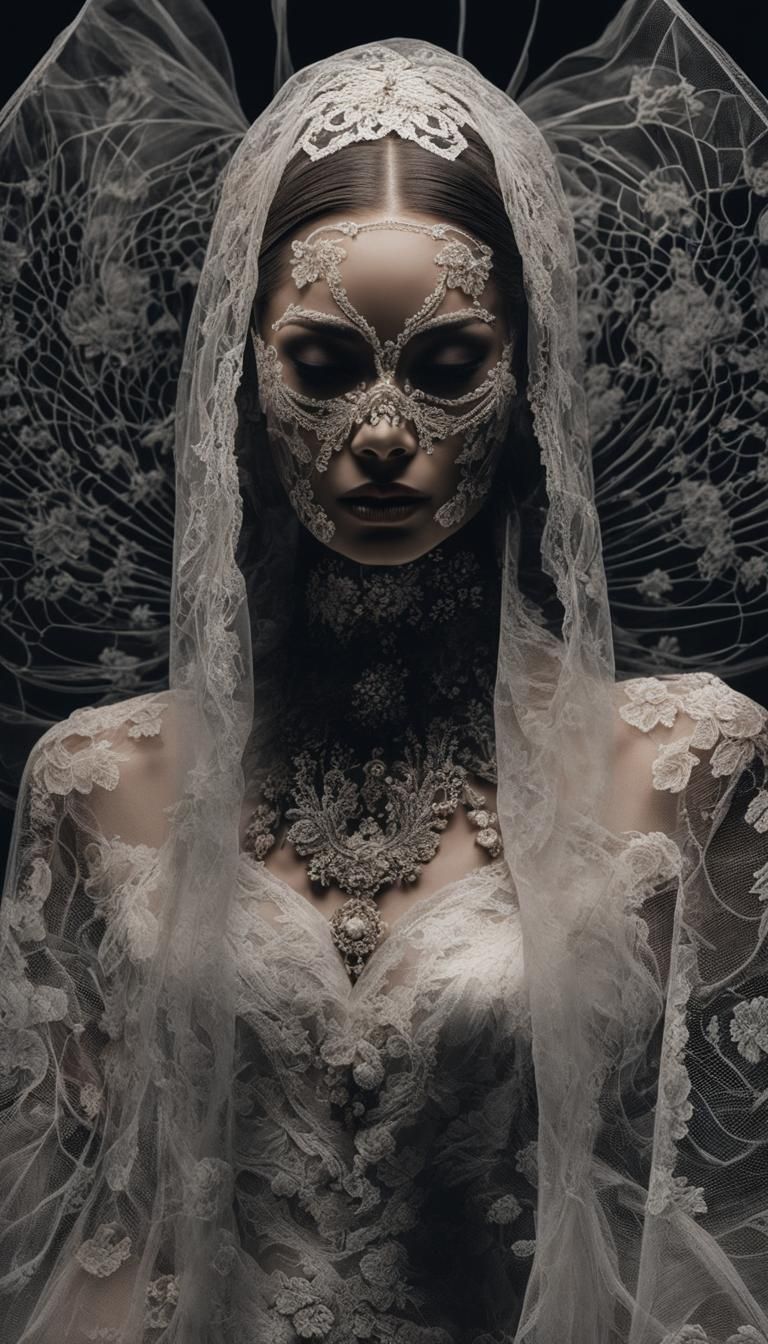 Ghostly Figure in Lace Veil: Maximalist X-Ray Fashion