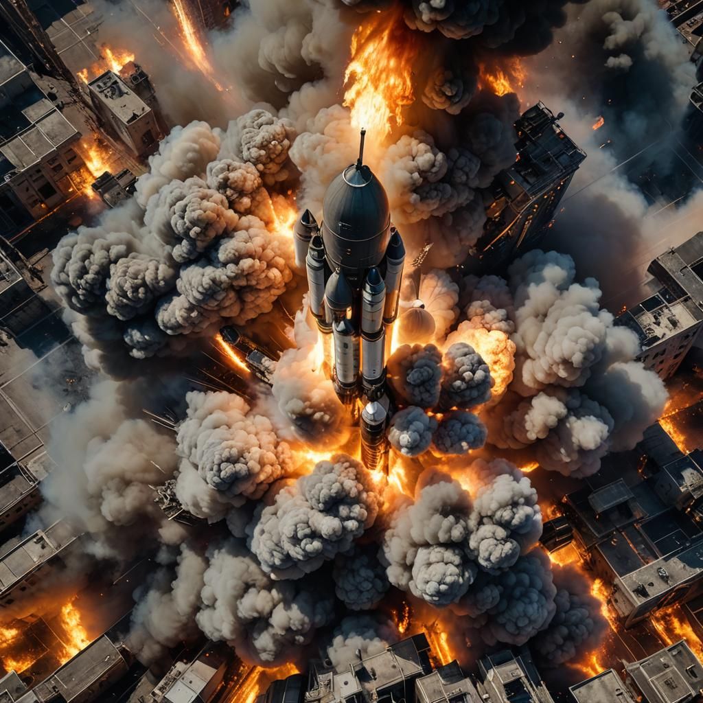 Rocket Launch in City Center: Hyperrealistic Photography