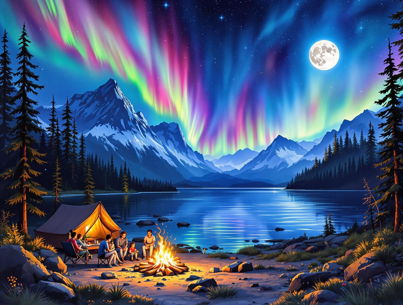 Aurora Borealis Lake Campsite in Vibrant Digital Watercolor