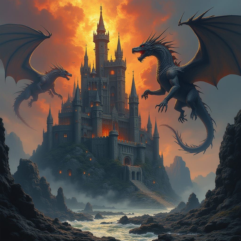 Dragons Attack Fantasy Castle in Dramatic Style