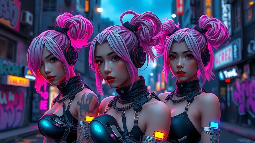 Cyberpunk Anime Girl Group in Neon Cityscape