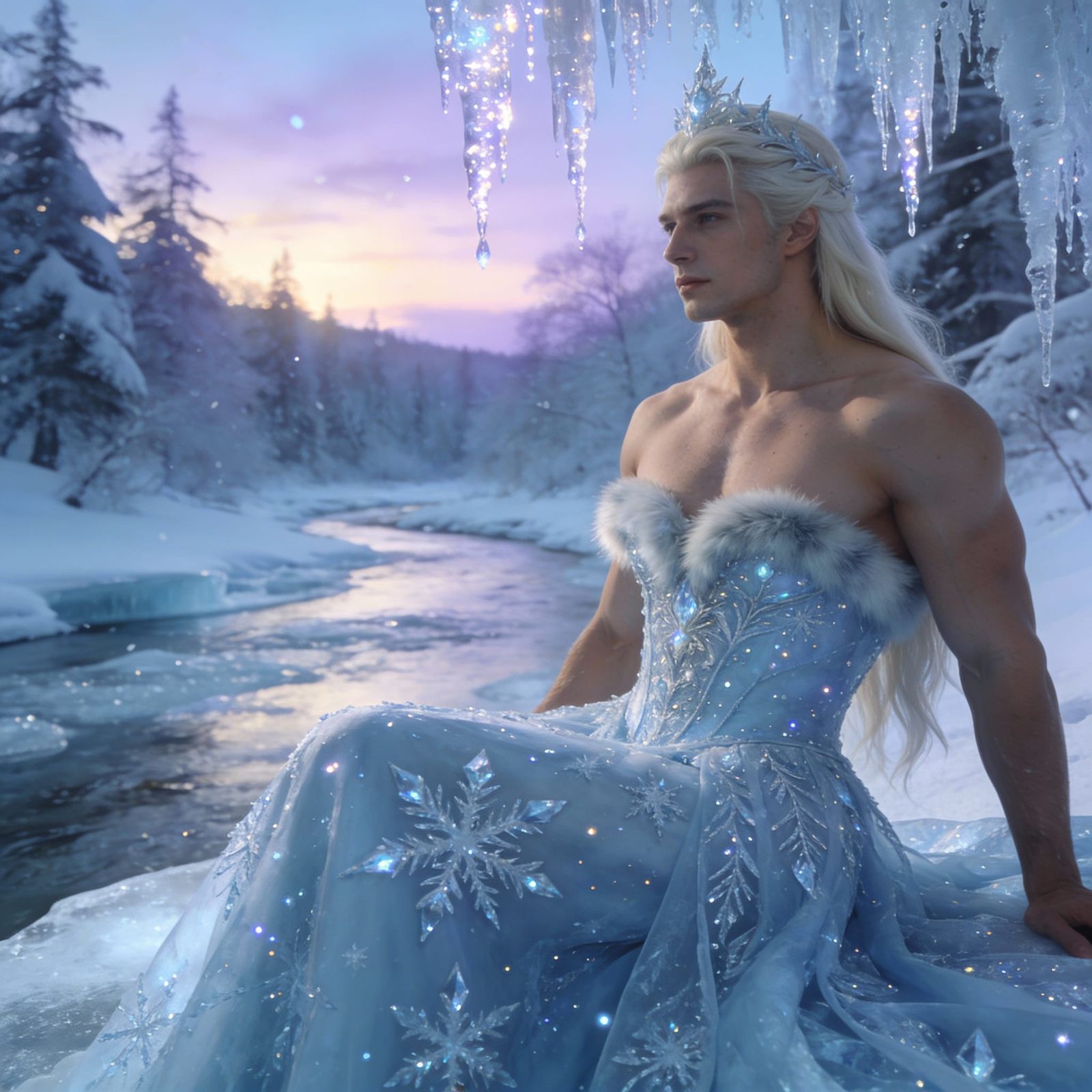 Ethereal Ice King in Snowy Forest Cinematic Portrait