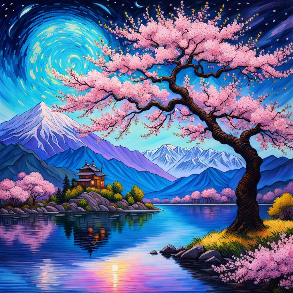 Cherry Blossom Island with Starry Night Sky