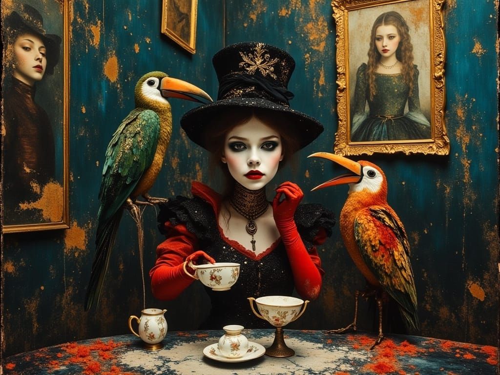 Red Baroness Tea Time in Opulent Salon