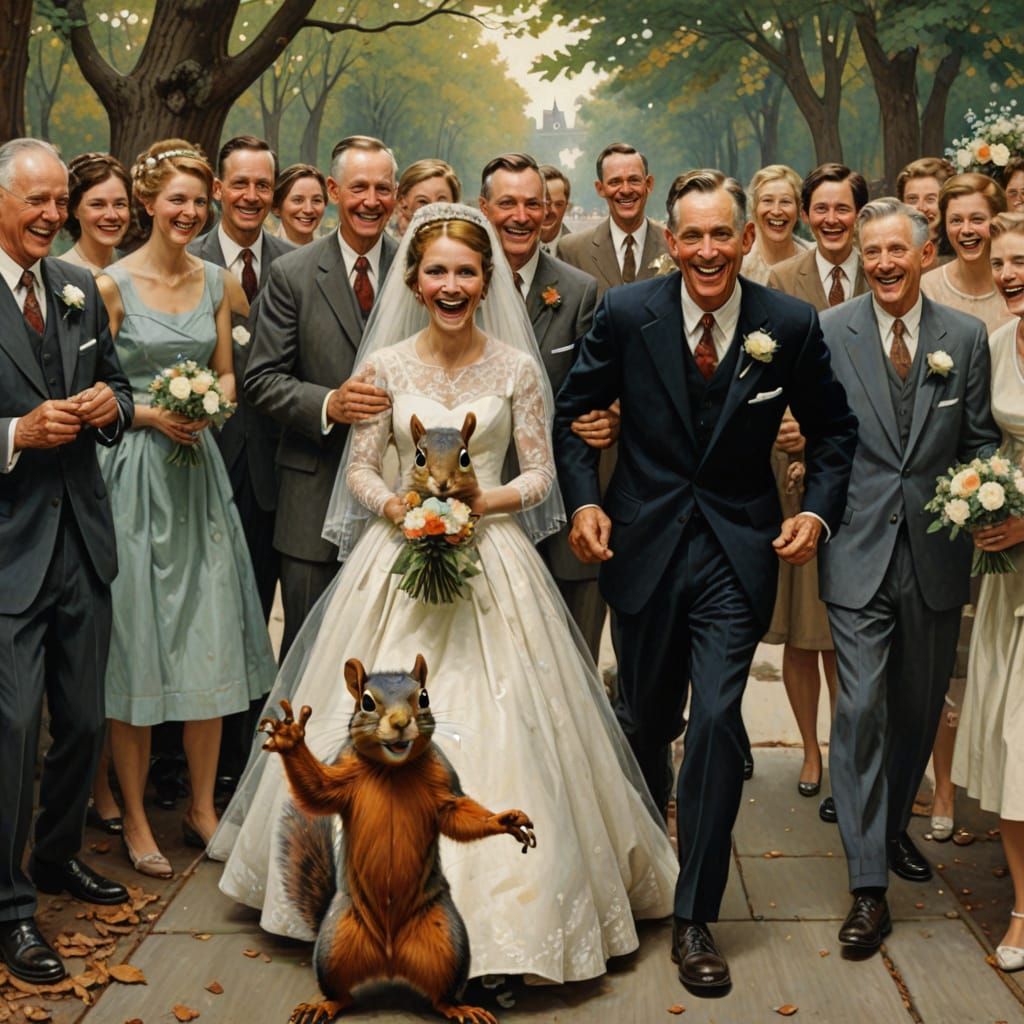 Squirrel Photobomb at Wedding as Norman Rockwell Painting