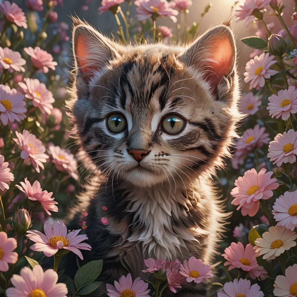 Kitten with Flowers: Vibrant Fantasy Art Nouveau