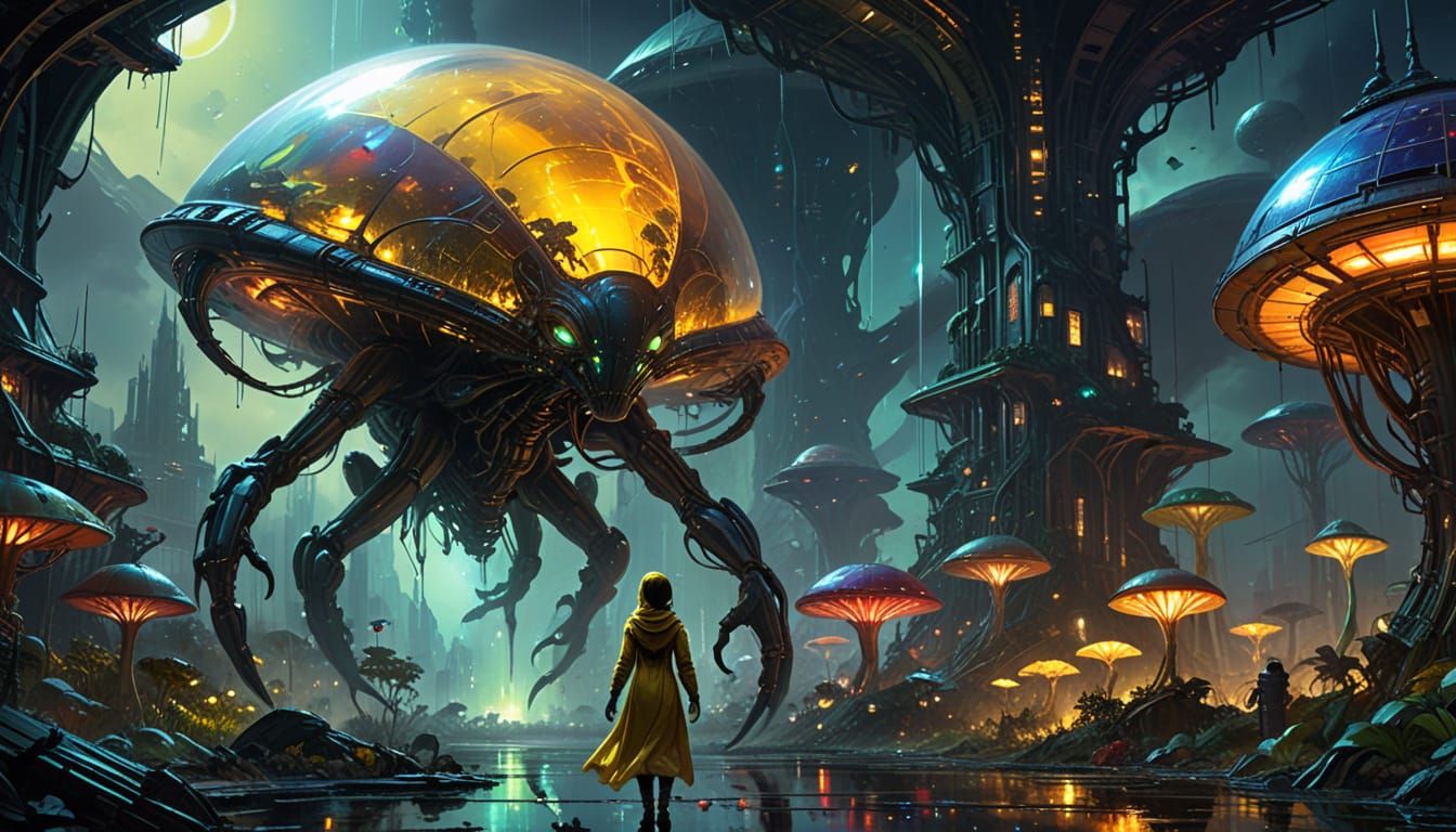 Alien in Rainbow Dress Before Martian City