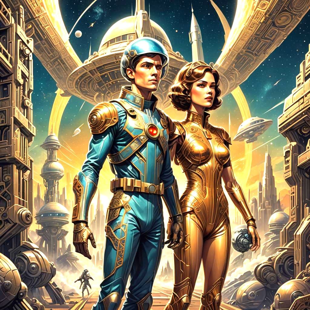 Vintage Science Fiction Pulp Magazine Cover with Rocket and...