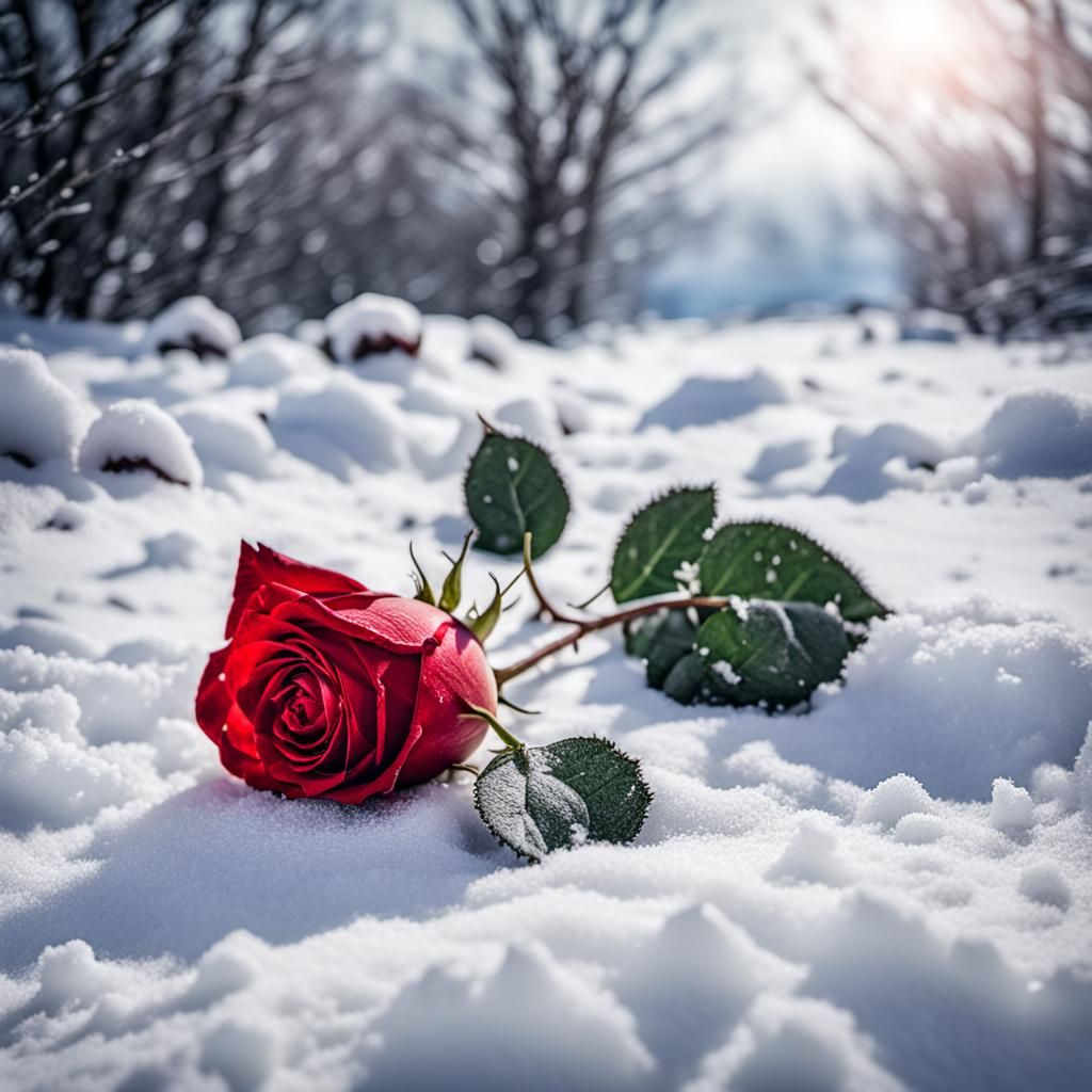 Red Rose in Snow: Hyperrealistic 64-Megapixel Image