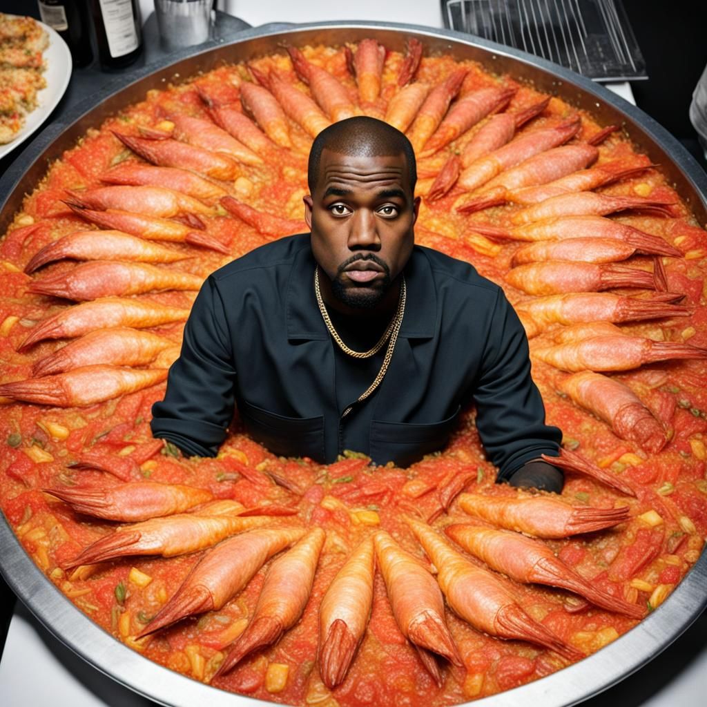 Kanye West Drowning in Paella: A Surreal Scene