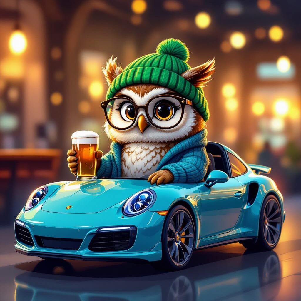 Cute Owl in Porsche with Beer, Whimsical Digital Art