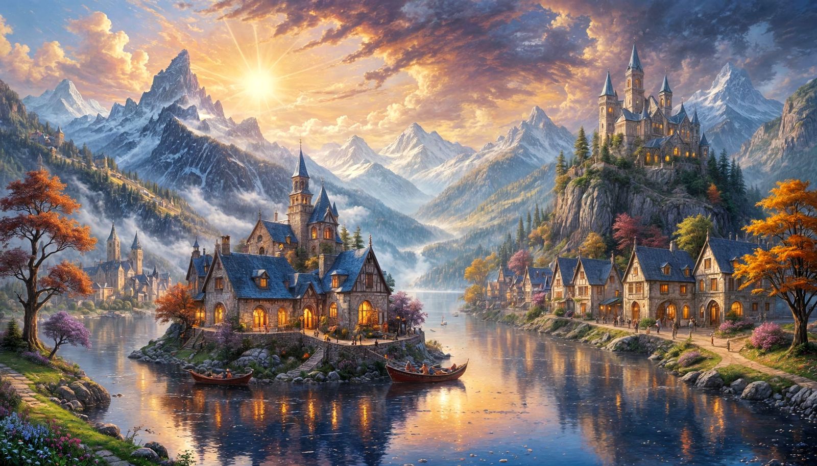 Whimsical Medieval City Oil Painting with Lake and Mountains