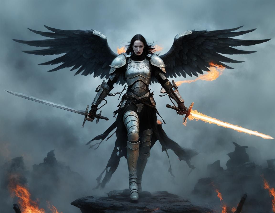 Armored Angel with Flaming Swords, in Dark Fantasy Style
