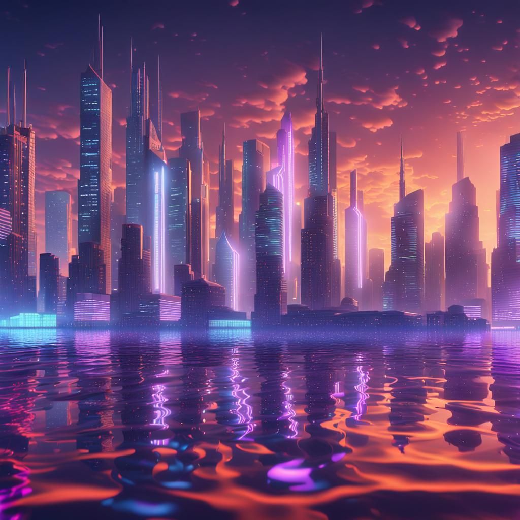 Cyberfuture Cityscape at Sunset in 3D Rendering