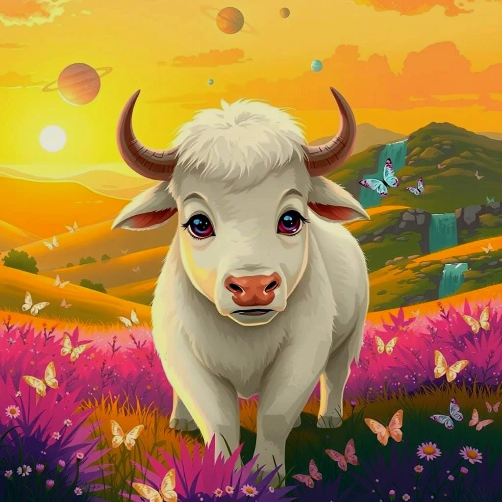 Cosmic White Bison in Vibrant Sunset Meadow