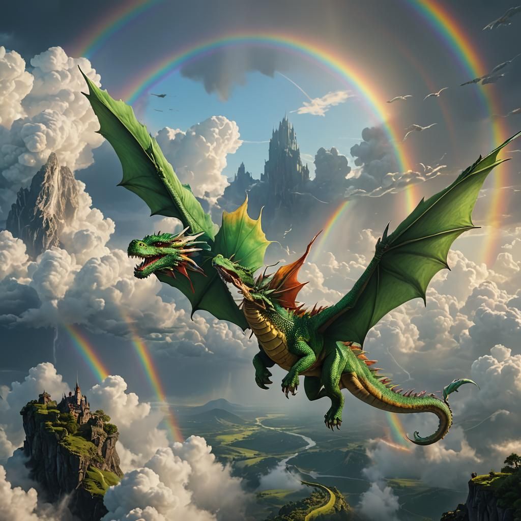 Green Dragon and Baby Soaring Under Rainbow