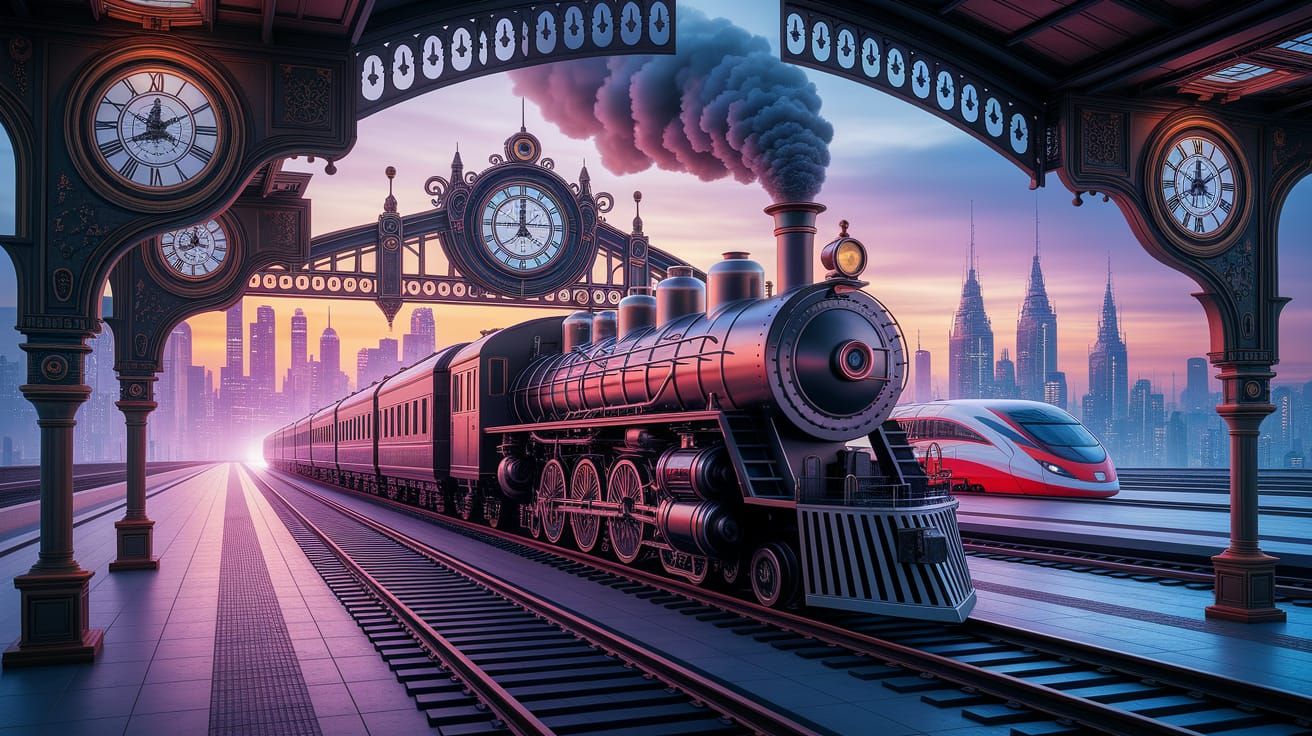 Art Deco Cyberpunk Railway Station with Steam Train